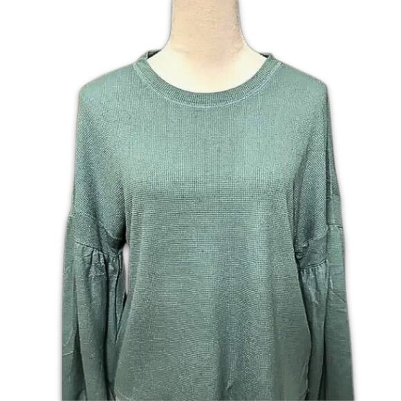 Weatherproof Vintage Pullover Top Waffle Knit Crew Neck Bishop Sleeve Green NWT - Picture 3 of 10